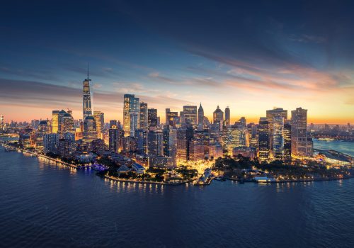 New York City panorama skyline at sunrise. Manhattan office buildings / skysrcapers at the morning. New York City panoramatic shot.