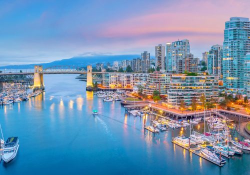 Beautiful view of downtown Vancouver skyline, British Columbia, Canada at sunset