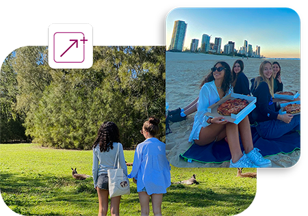 Un gruppo di ragazze partite con il Select Plus Program in Australia passeggiano un parco e mangiano una pizza in spiaggia